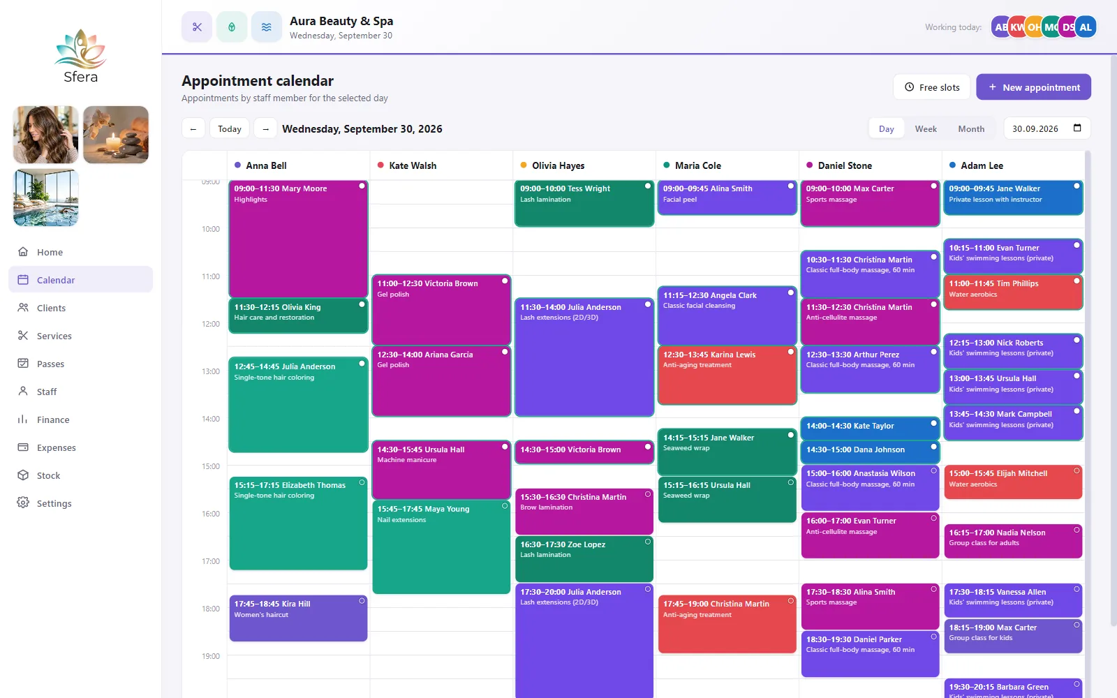 Sfera appointment calendar by staff member — salon, spa and pool in one schedule