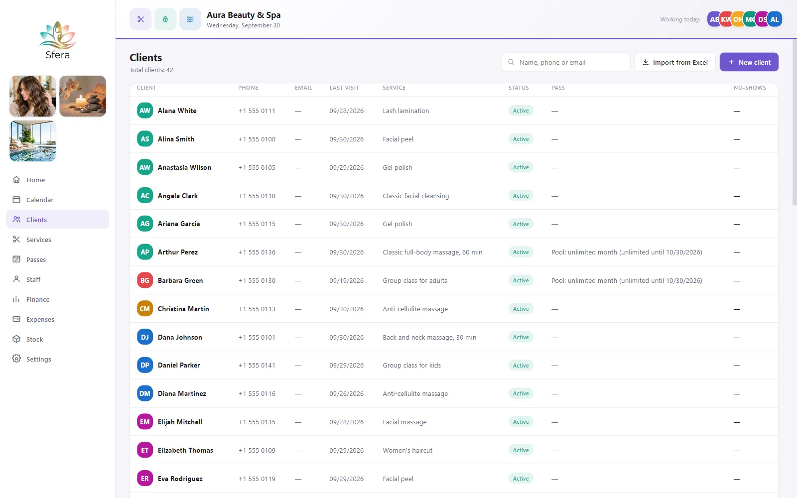 Sfera client list — last visit, service, status and membership pass