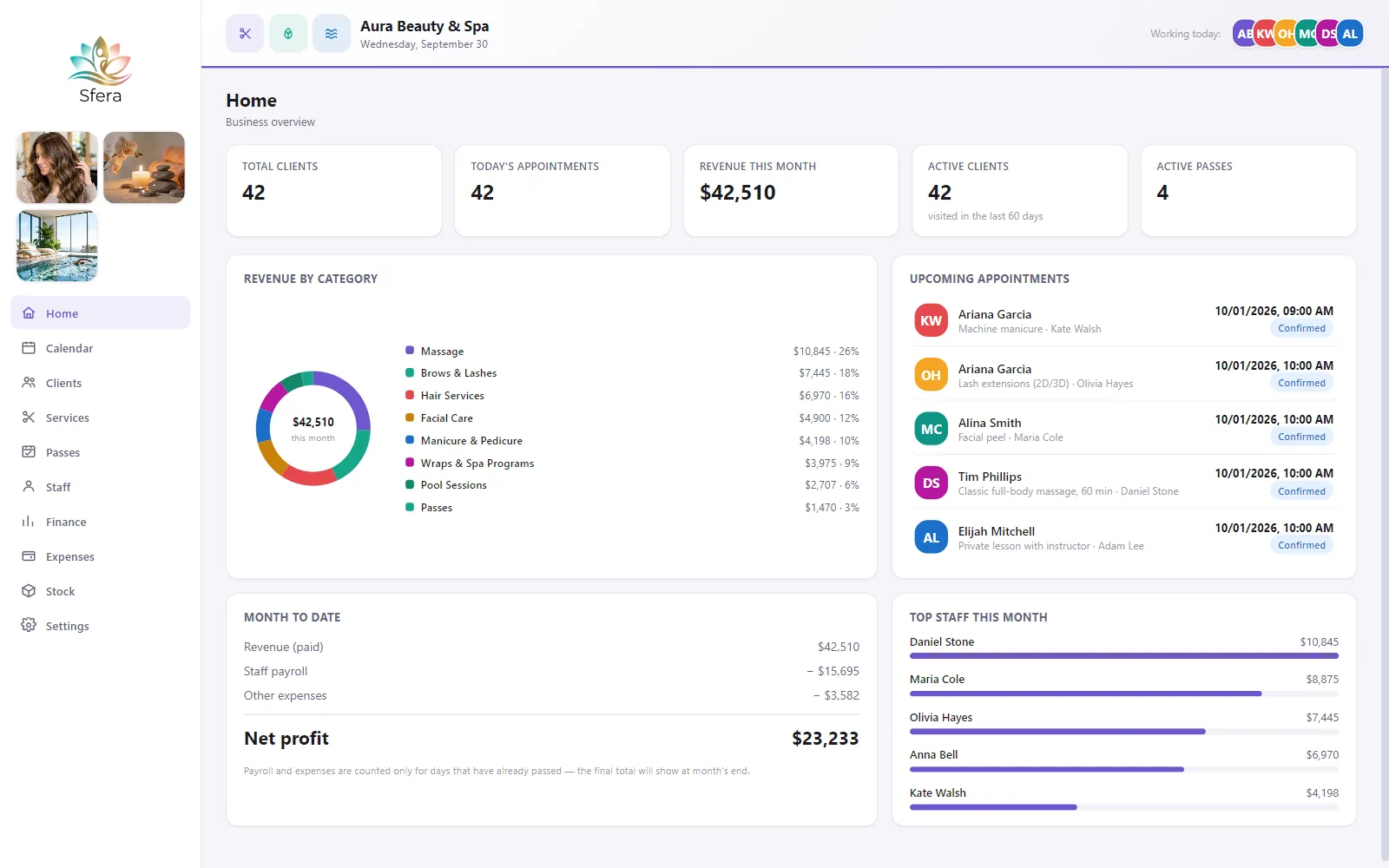 Sfera dashboard — revenue, net profit, upcoming appointments and top staff