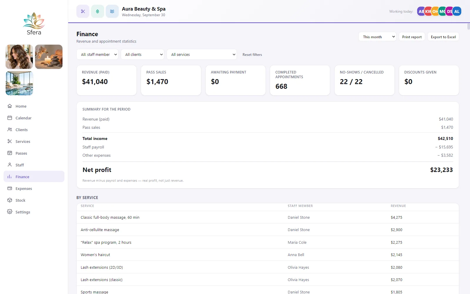 Sfera finance report: revenue, payroll, expenses and net profit