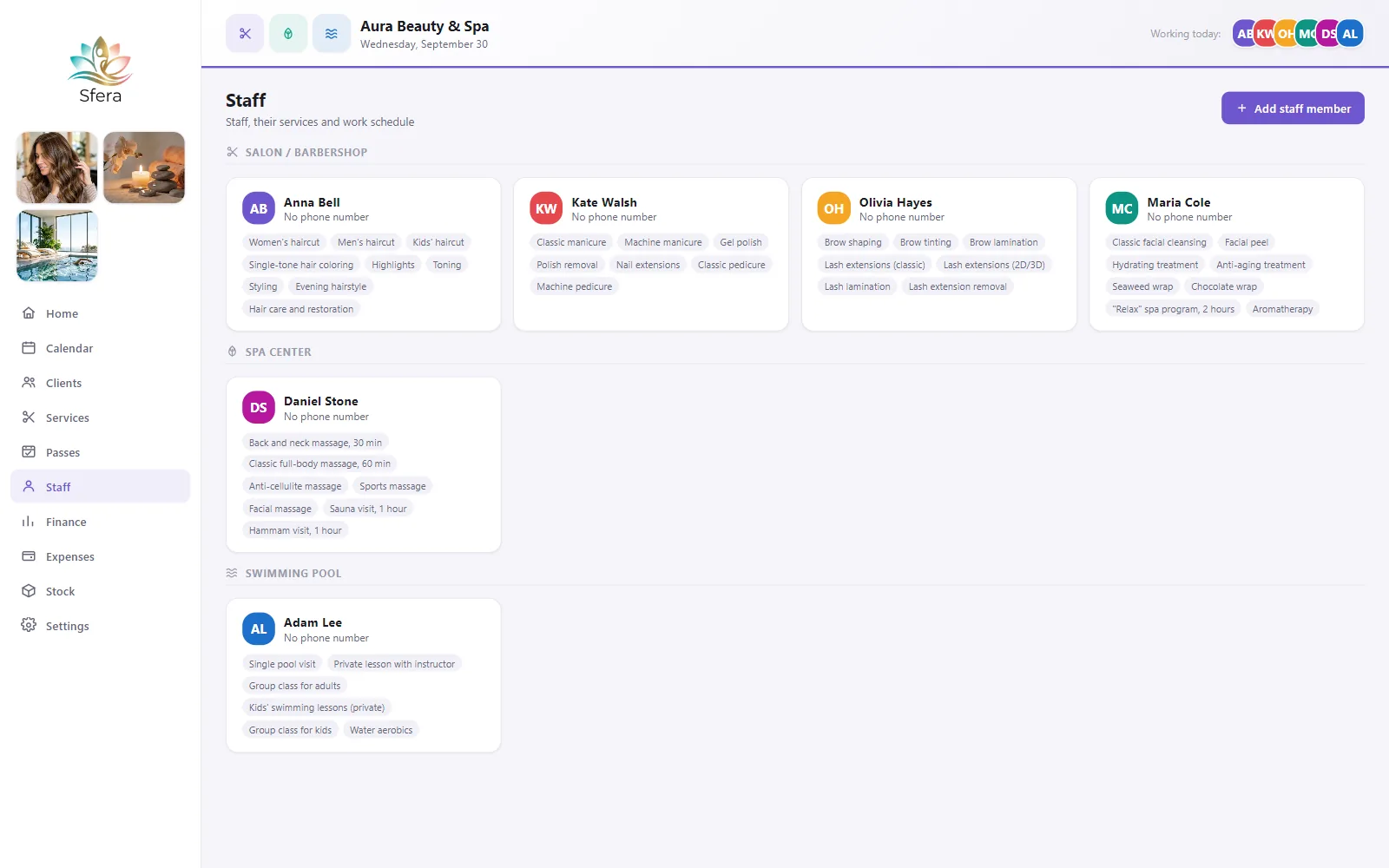 Staff members and their services by business type in Sfera