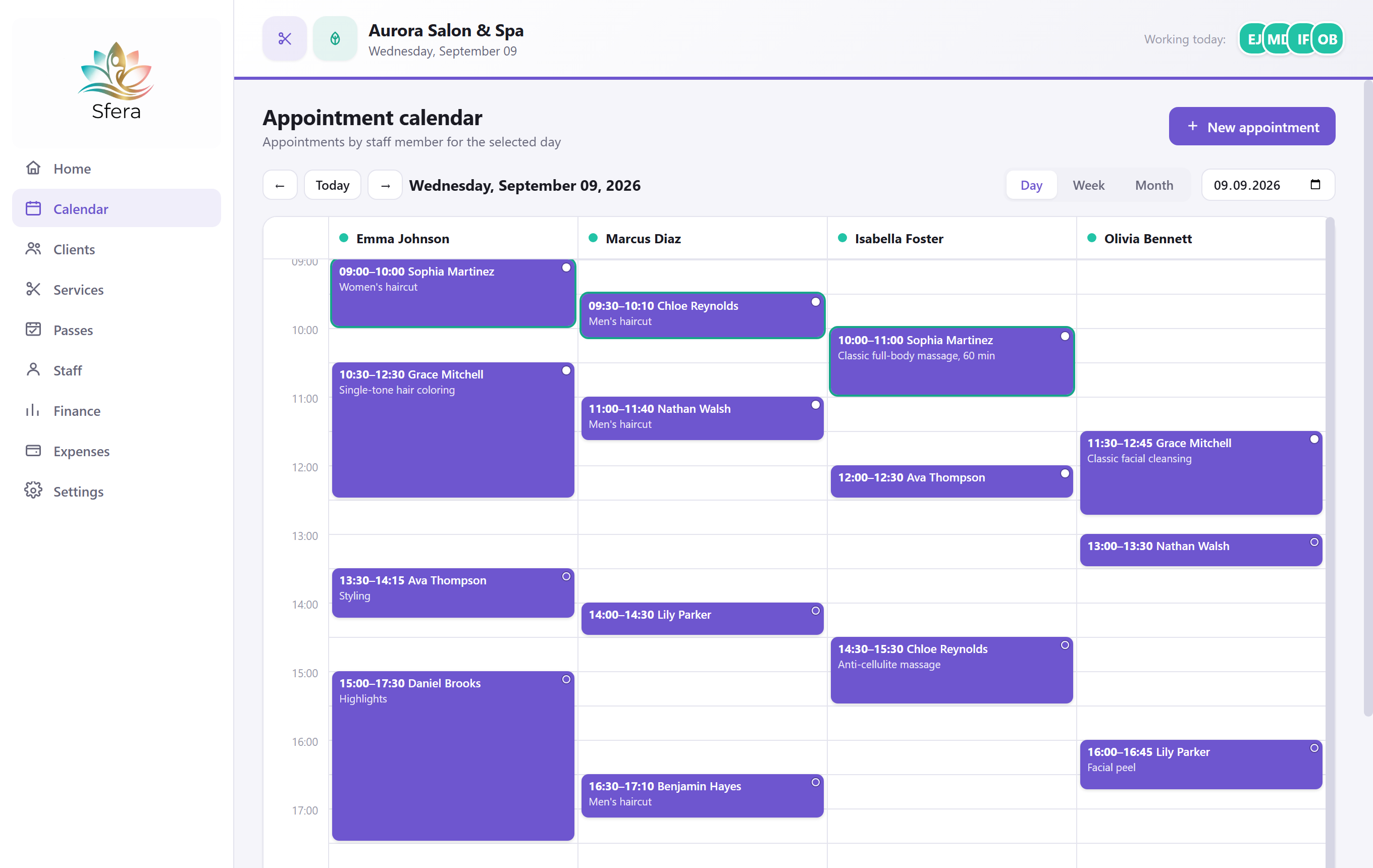 Sfera booking calendar with a paid/unpaid indicator on each appointment