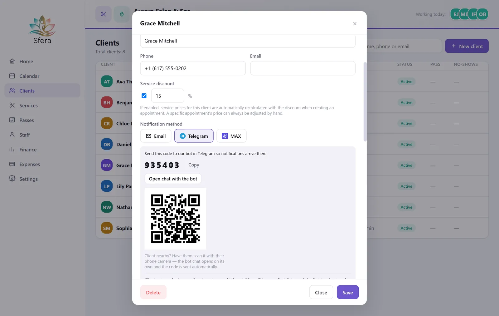 Client card: discount toggle and Telegram QR code for notifications