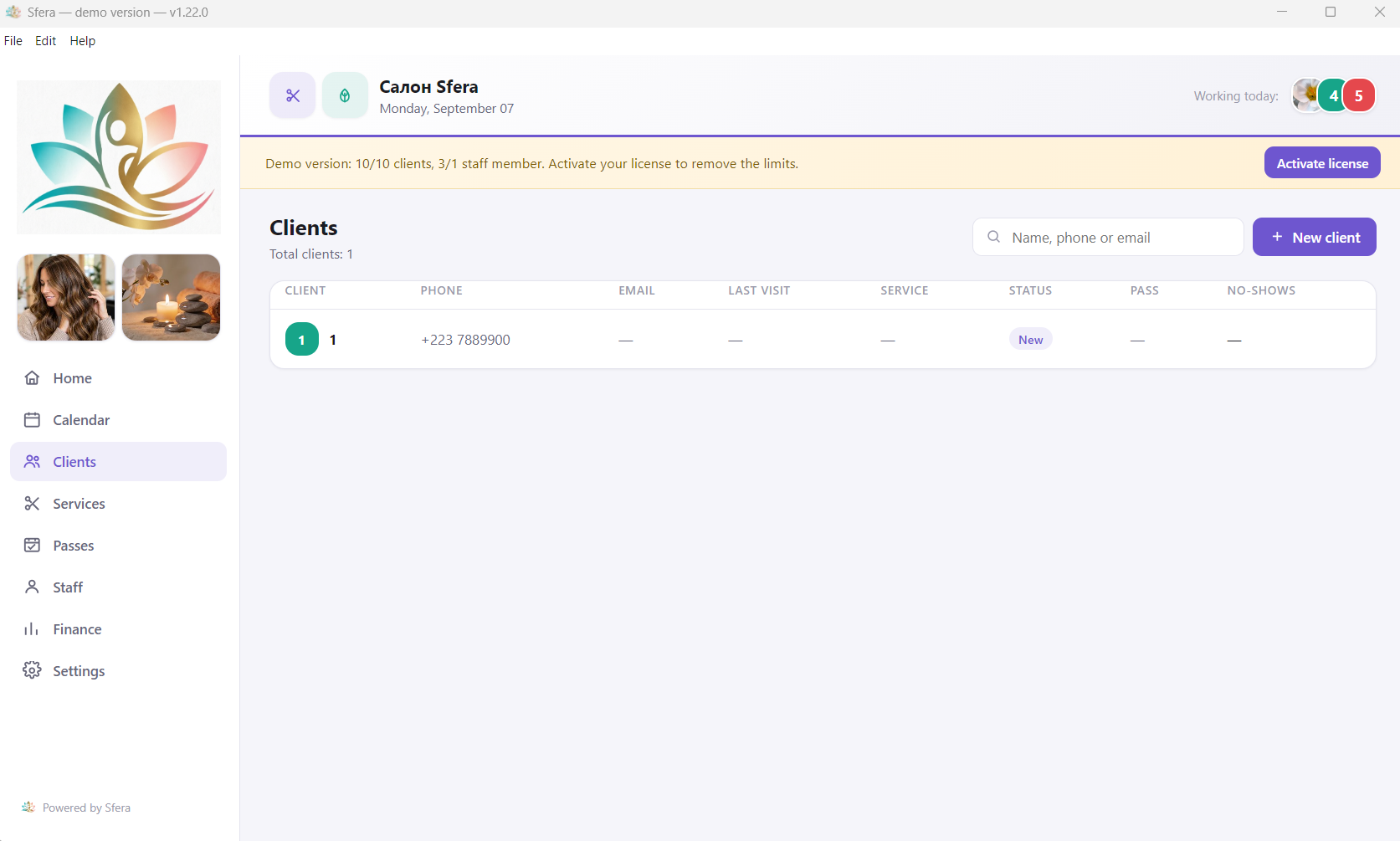 Sfera client management screen — customer database