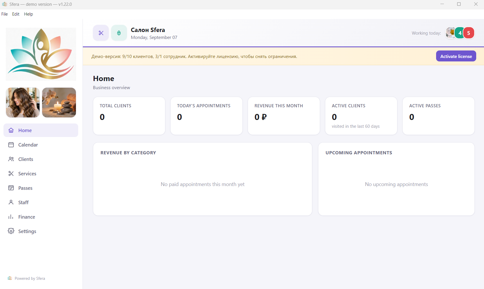 Sfera salon CRM dashboard — client bookings and revenue
