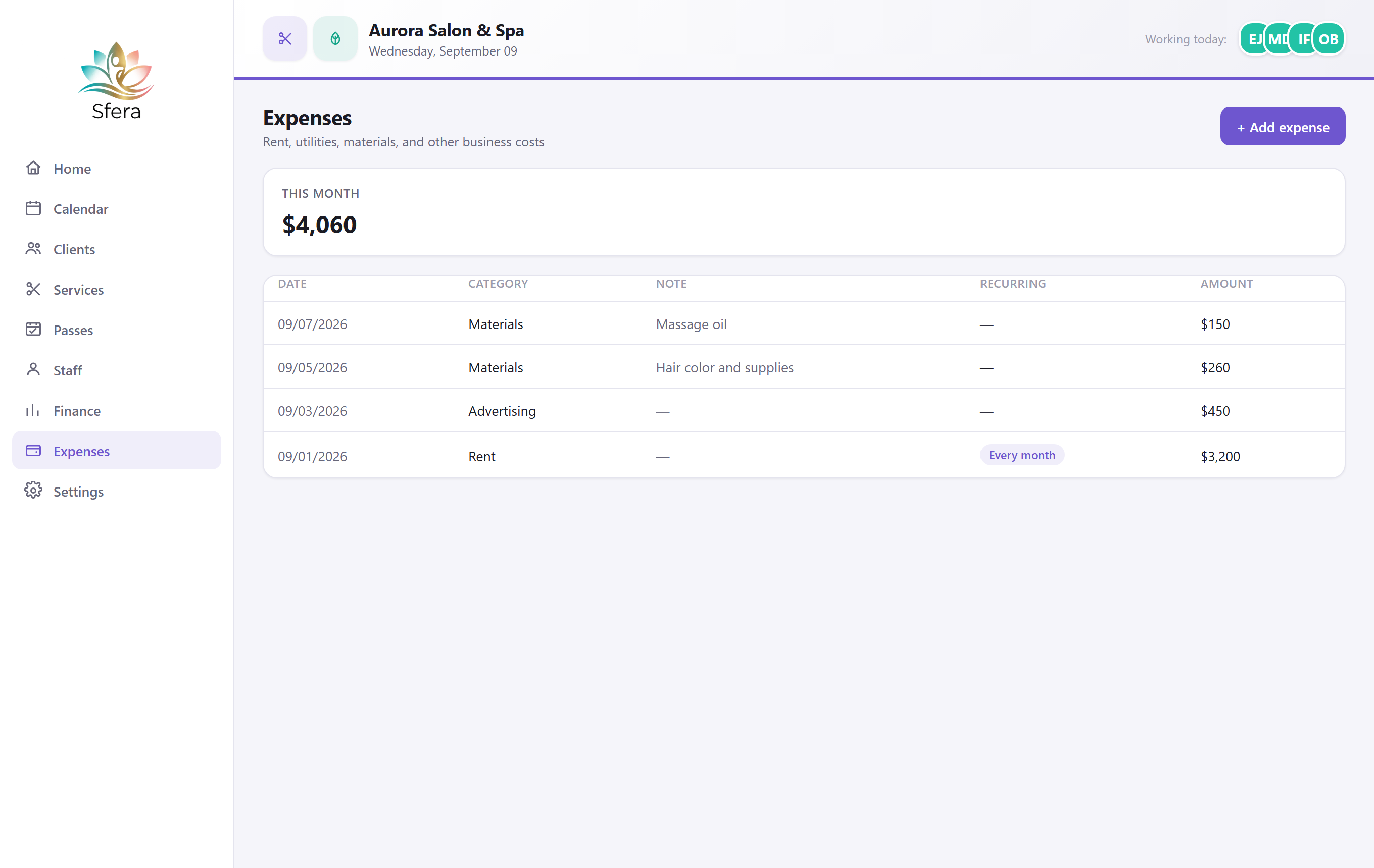 Sfera expense tracking — rent, supplies, advertising