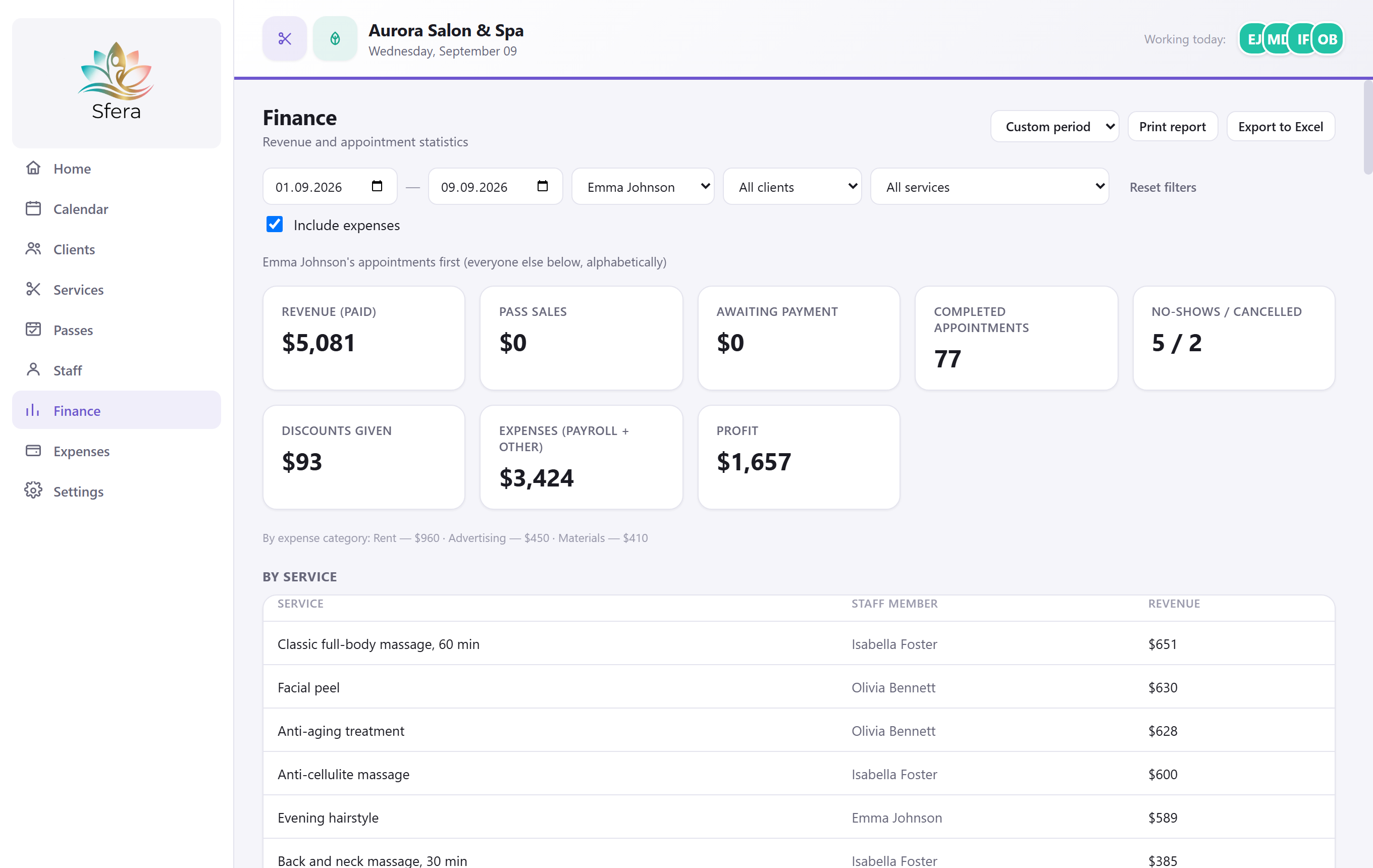Sfera financial report with profit and Excel export