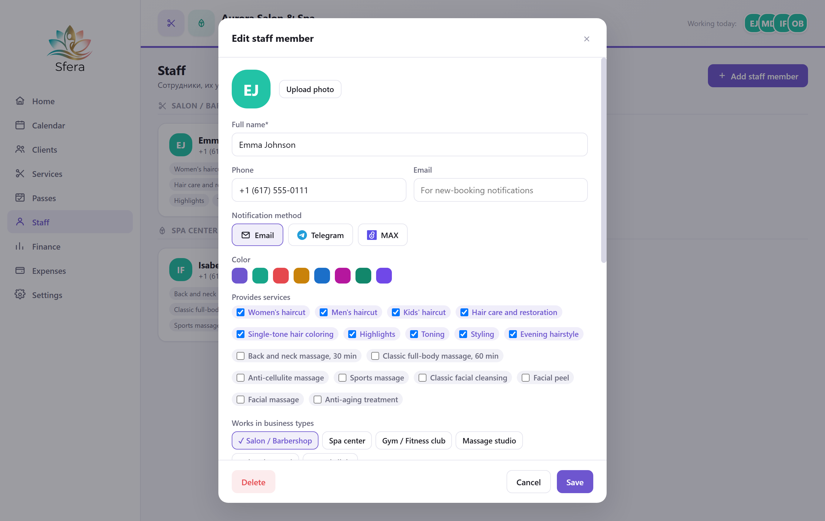 Notification channel picker for a staff member — Email, Telegram, or MAX