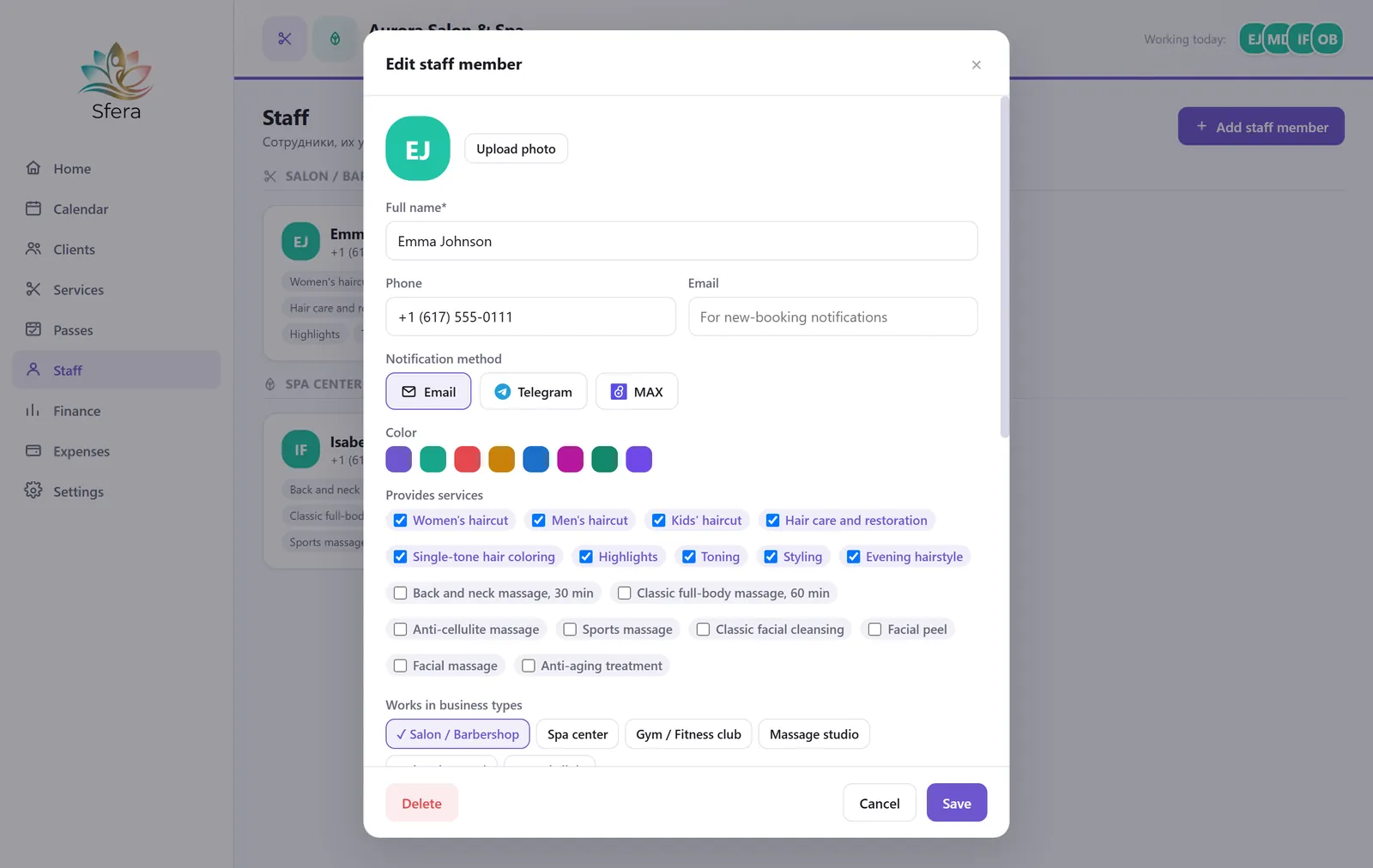 Notification channel picker for a staff member — Email, Telegram, or MAX