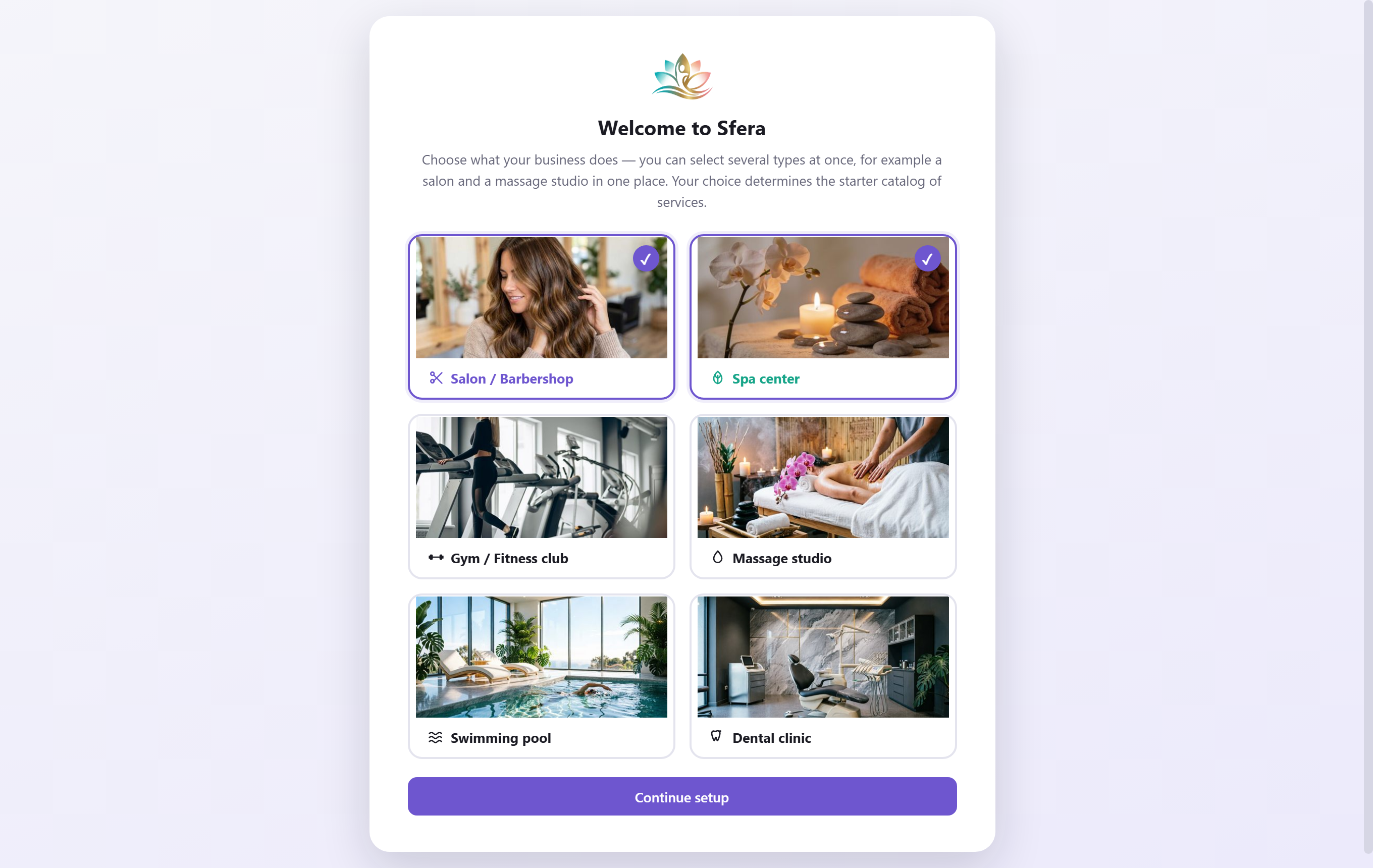 Sfera — choose your business type on first launch: salon, spa, gym, massage studio, pool, dental clinic
