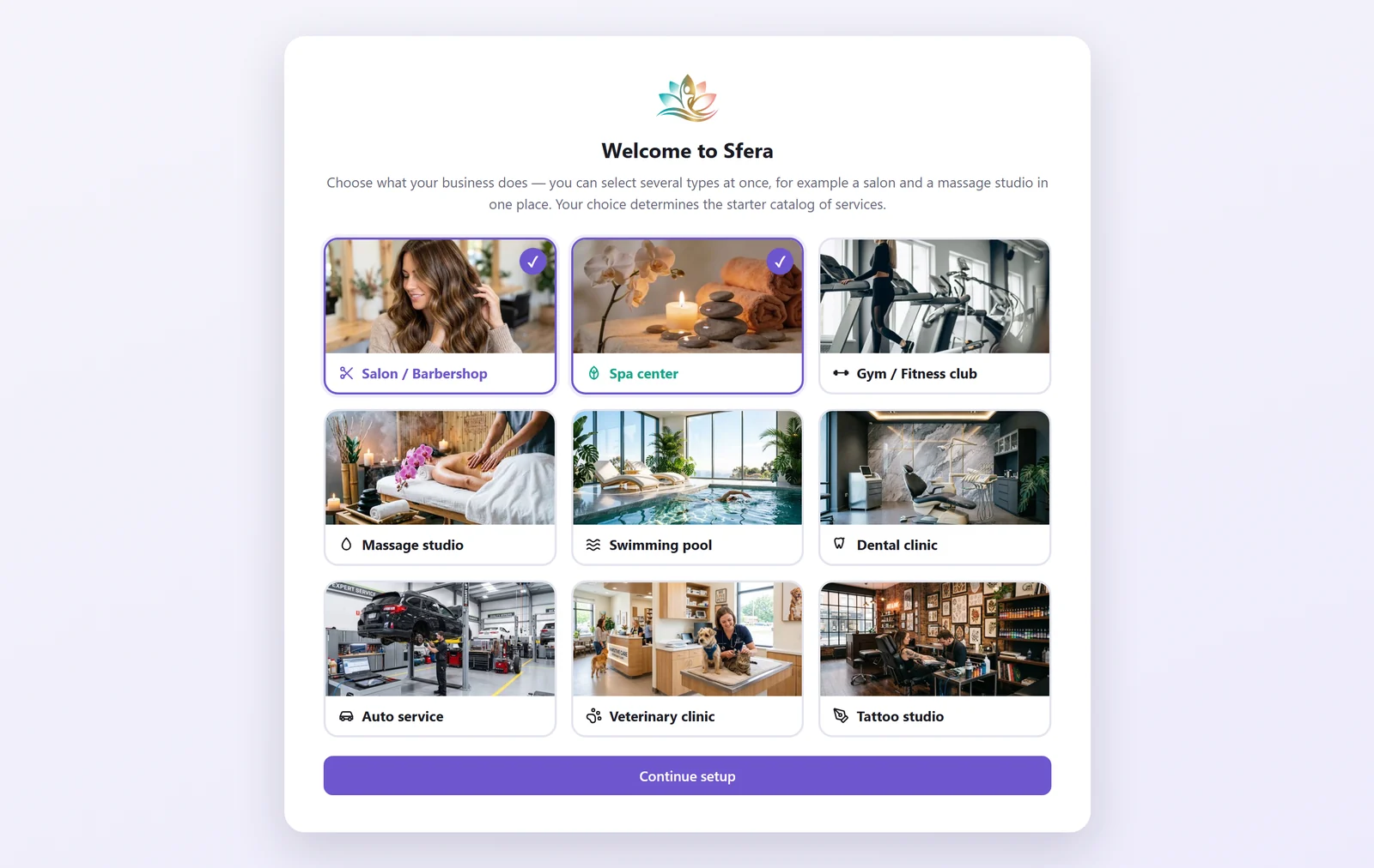 Sfera — choose your business type on first launch: salon, spa, gym, massage studio, pool, dental clinic, auto service, vet clinic, tattoo studio