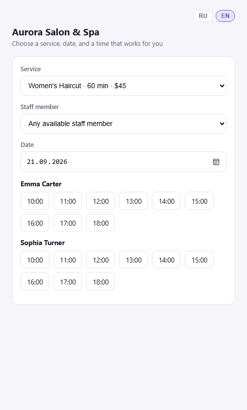 Sfera online booking page in English, seen from a client's phone — service, staff, and time