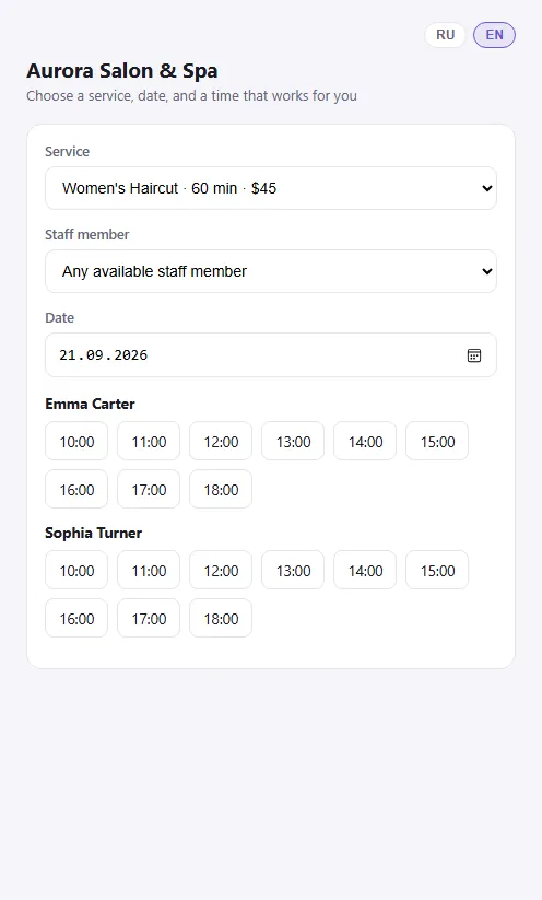 Sfera online booking page in English, seen from a client's phone — service, staff, and time